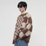 Wholesale Mohair Contrasting Color Checkerboard Round Neck Trendy Brand Loose Knit Sweater