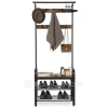 Wooden Hall Entryway Clothes Hanger Coat Hanging Stand Shelf with Hook 3-Tier Shoe Rack Bench