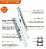 YOUDO Hidden Slide 3 Fold Full Extension Drawer Slide Telescopic Channel Drawers Guides Undermount Concealed Drawer Slides