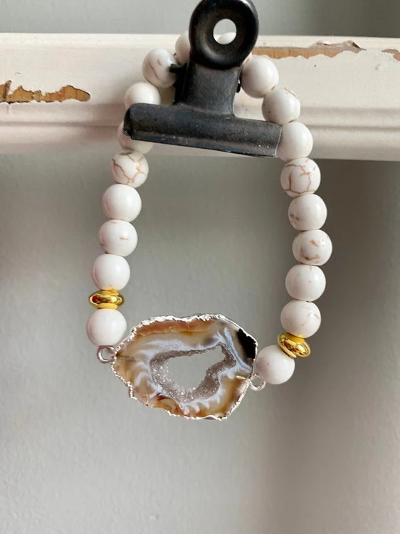 Zooying Natural Agate Druzy Geode Bead Stone Bracelet With 8MM White Turquoise Stone