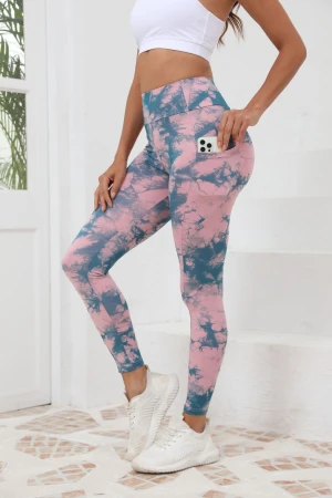 Women Tie Dye High Waist Yoga Leggings with Side Phone Pocket Stretch Tummy Control Fitness Workout Pants