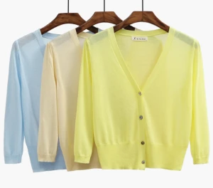 Fashion New RTS  Women's 3/4 Sleeve Knitted Cardigan V-neck Solid Color Outwear Knitwear Women Cardigans for Summer