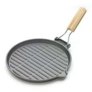 Round Cast Iron Grill  Frying Pan Skillet  With Folding Wood Handle