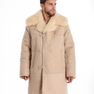 Sheepskin Long Coat For Men With White Fur, Army Genuine Winter Coat High Quality Long Coat, Handmade
