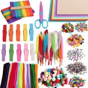 1000Pcs DIY Art Craft Kit for Kids Creative Pompoms Pipe Cleaners Feathers Wiggle Googly Eyes Sequins Buttons Party Supplies
