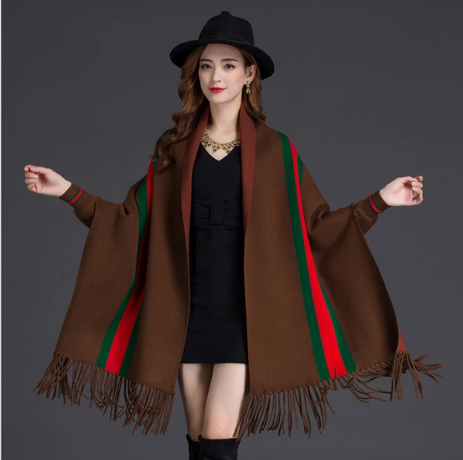2020 fashion poncho with tassels brand pashmina winter wool blend stripe woven sleeve warm cashmere shawl