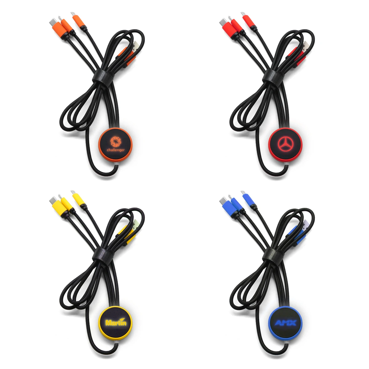 2020 Gadgets Gifts 4 in1 USB Charger Cable With LED Light Up Logo nylon braided 4 in 1 led charging cable for all smartphones