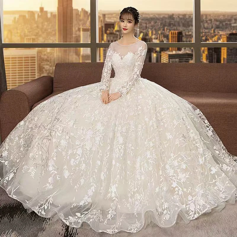 2020 newest style winter lace long sleeve floor length bridal wedding dress