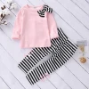 2pcs Autumn Girls Clothes Long Sleeve Pink Kids Bowtie Sweatshirt Top + Striped Pants Baby Clothing Sets for 3-7 Years Girls
