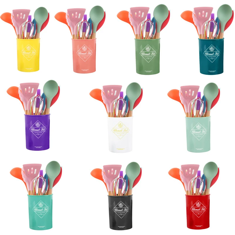 Amazon hot sale silicone kitchenware 12pcs cooking silicone kitchen utensils set with wooden handle