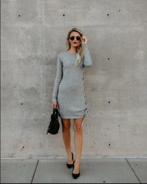Autumn 2020 Womens Dress Hot Sales of the New long-sleeved round collar cotton fabric side slit lace up casual dresses