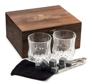 Bar Accessories Whiskey Stones Gift Set Premium Chilling Rocks 2 whisky glass in Wooden Decor Box