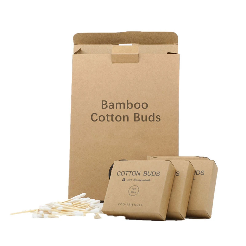 Biodegradable Bamboo Cotton Buds Paper box 100/200pcs per box Wooden Cotton Buds/Swab with Custom logo