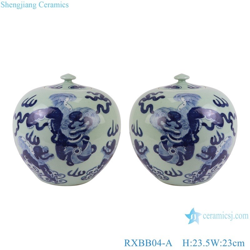 Blue and White Porcelain Animal Lion Pattern Watermelon Shape Flat Belly Ceramic Storage Pot Jars