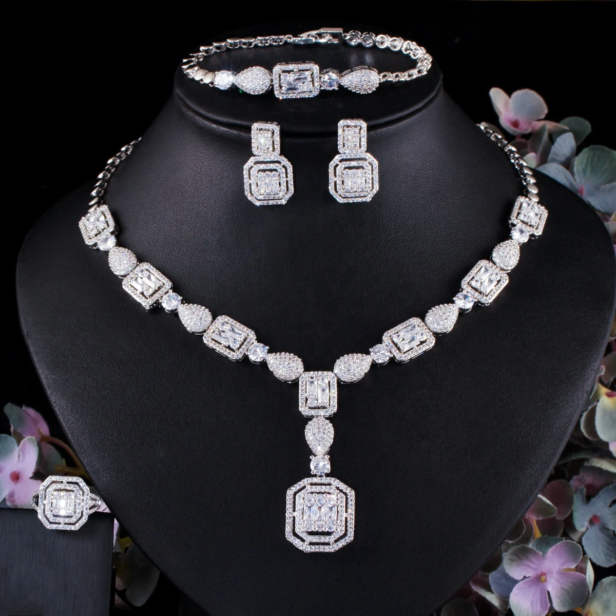 Cheerfeel NE-299  zircon square shape earring bracelet necklace set wedding bridal 18k gold filled plated necklace