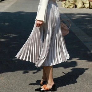 China wholesale Solid color black chiffon flare long pleated skirt