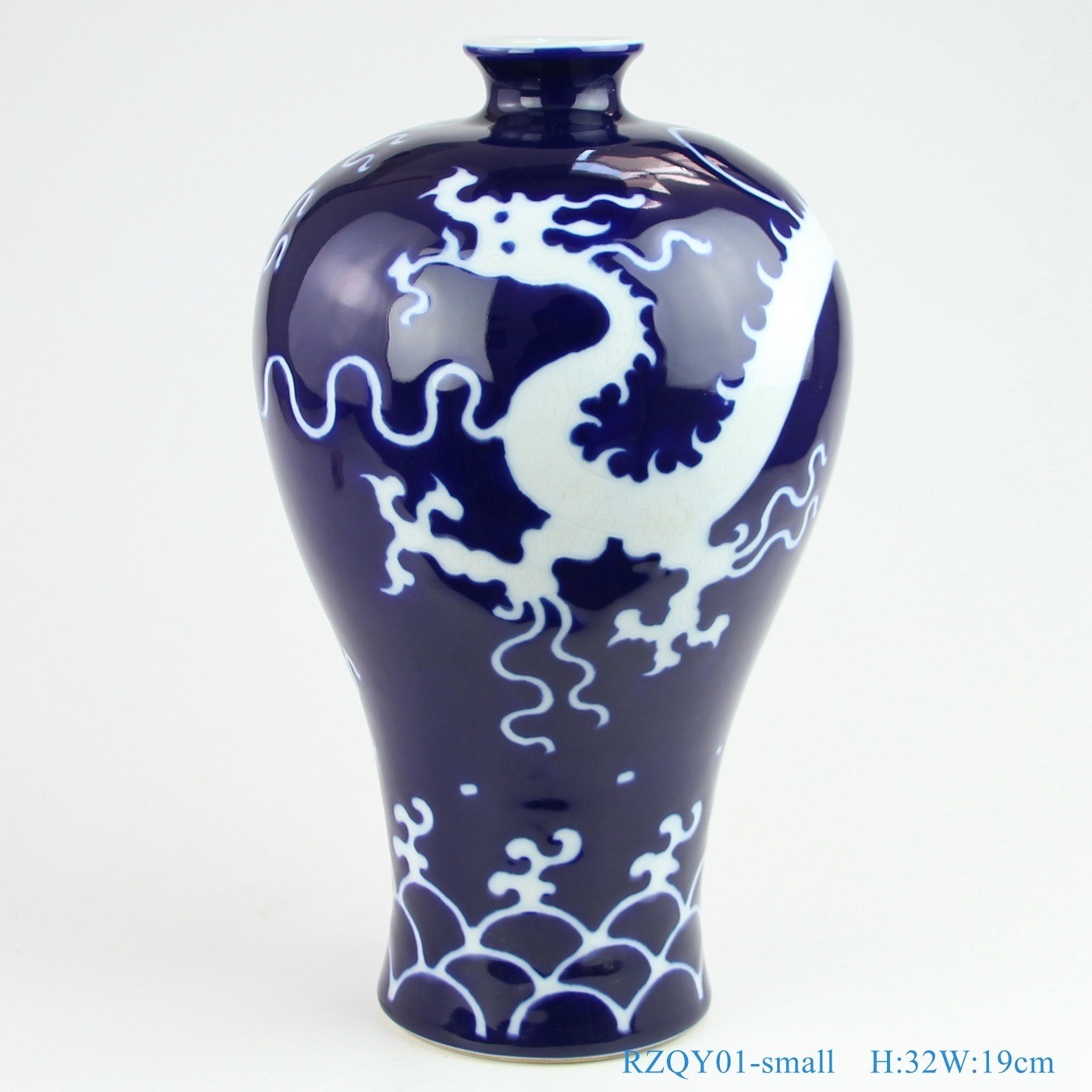 Chinese Ceramic Home Decoration Deep Blue Color Glazed White Dragon Plum Vase