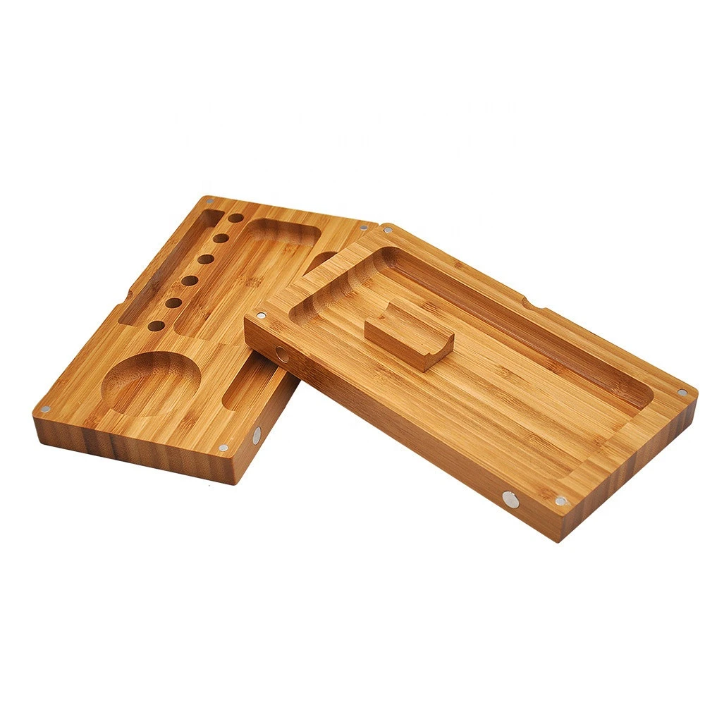 Cigarette Stencil Wooden Cigarette Tray Bamboo Magnet Rolling Foldable Tray with Built-in Ashtray Smoke Pocket