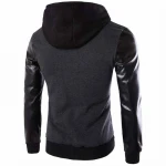Cool Hooded Jacket MenSpring Fashion Pu Leather Sleeve Splice Bomber Jacket Casual Windbreaker Blouson Veste Sweat Homme
