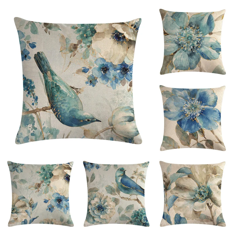 Cotton Linen Birds And Flowers Sofa Decorative Cushion Cover Pillow Pillowcase 45*45 Throw Pillow Home Decor Pillowcover
