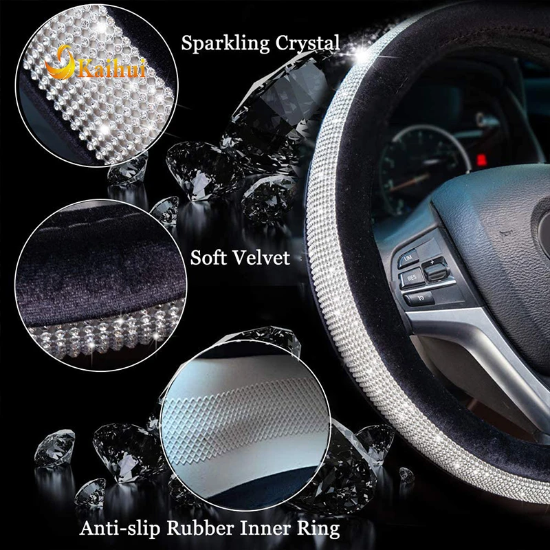 Crystal Diamond Steering Wheel Cover Soft Velvet Feel Bling Steering Wheel Cover for Women