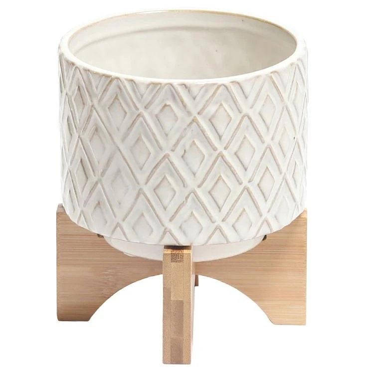 Custom white embossed plant pot with bamboo stand ceramic planter