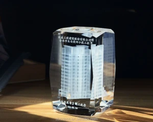 Customized Beveled K9 Crystal Glass Paperweight Block With 3D Laser Building Model