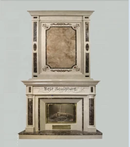 dinning room double layer beige marble lion fireplace surround