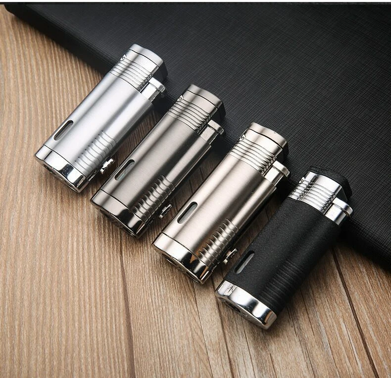 disposable OEM logo metal refillable butane gas jet refil mini torch valve cigar triple flame lighter with cigar punch puncher