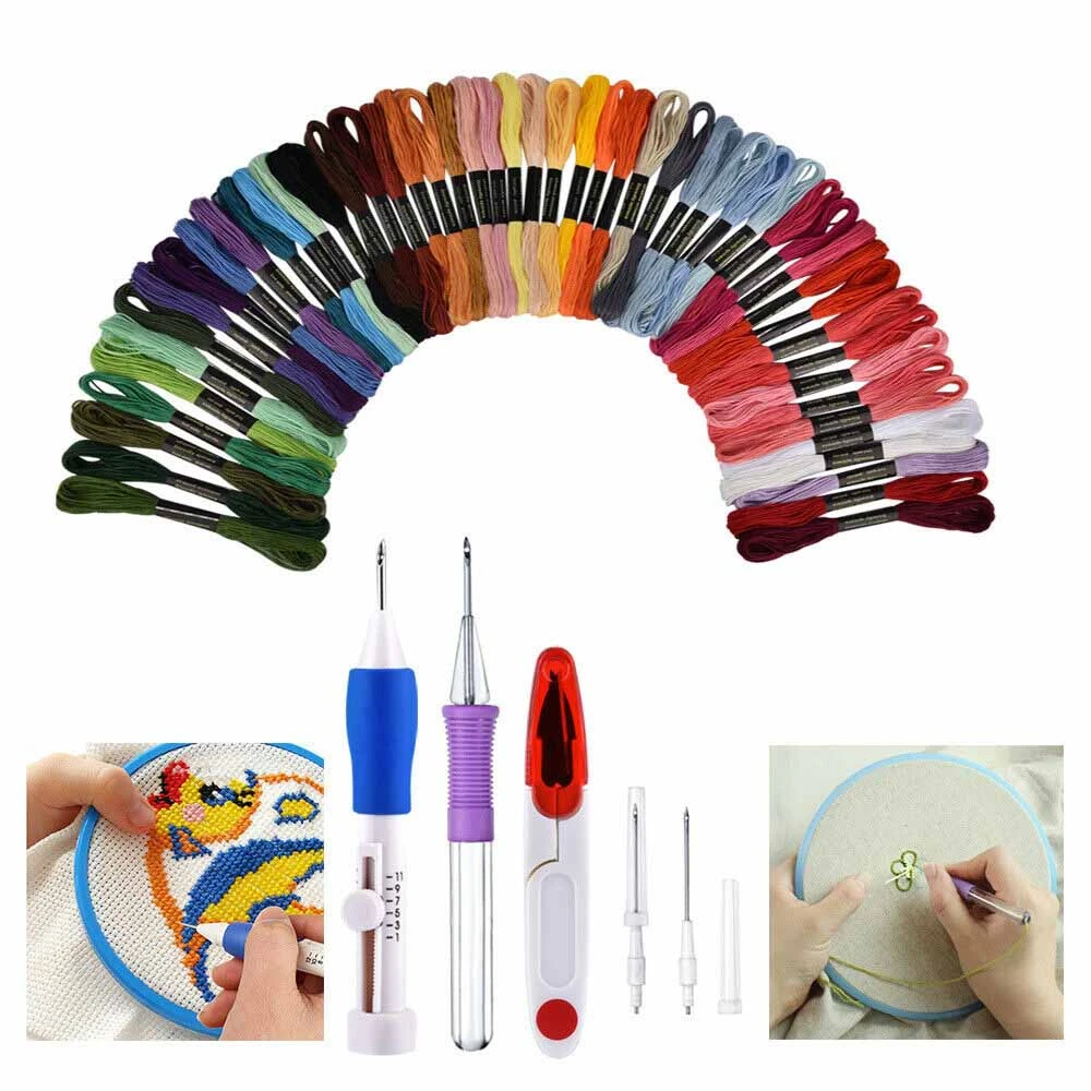 DIY Embroidery Pen Knitting Sewing Tool Kit Magic Punch Needle Set + 50 Threads