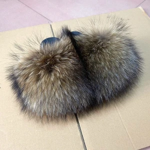 Factory Wholesale Soft Real Raccoon Fur Slippers Fox Fur Slides for Women and Kid