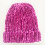 Fashion Cold Weather Chunky Knit Gold and Hotpink Shimmer Warm Ribbed Chenille Beanie Winter Hat