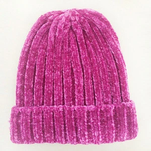 Fashion Cold Weather Chunky Knit Gold and Hotpink Shimmer Warm Ribbed Chenille Beanie Winter Hat