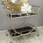 Free Sample Glass Gold Metal Rolling Trolley Bar Cart With Wine Rack