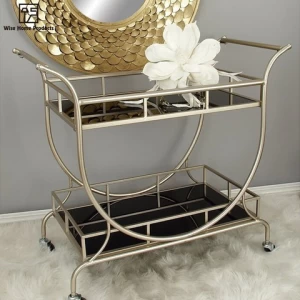 Free Sample Glass Gold Metal Rolling Trolley Bar Cart With Wine Rack