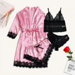 green spring new 4pcs kimono robe gown women pajamas set  faux silk sleepwear nightwear print pijamas lounge wear lingerie