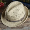 High quality kid rock custom wholesale raffia straw fedora hat with zigzag stitch decoration