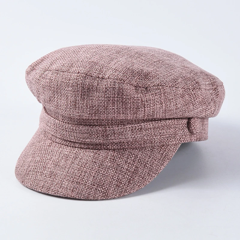 high quality solid color cotton linen military beret cap hat women summer