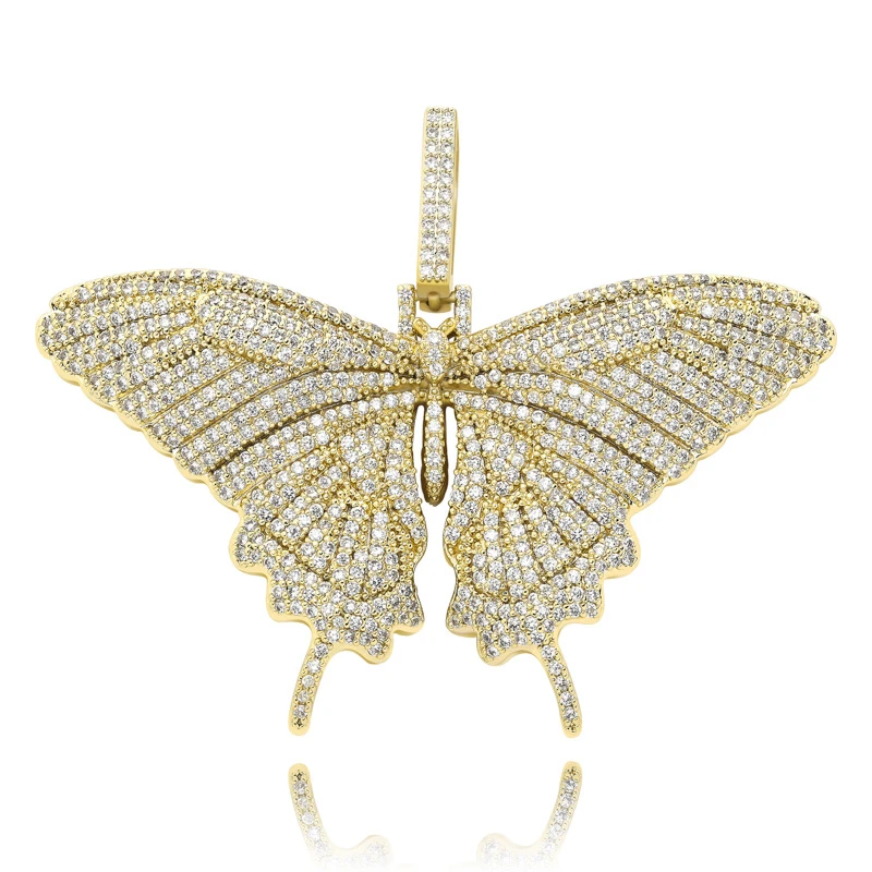 Hip Hop beautiful design butterfly pendant charms necklace 14k gold plated cubic zircon butterfly pendant necklace