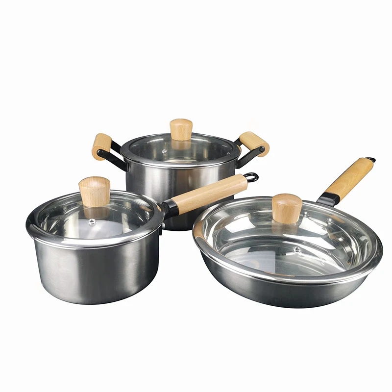 Hot sale 2021 high quality kitchenware pot 3-piece stainless steel wooden handle cookware set