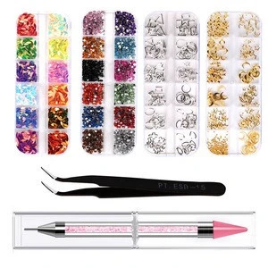 Hot Sale Nail Art Rhinestones Decoration Jewelry Set Combination With  Dotting Tool And Tweezers