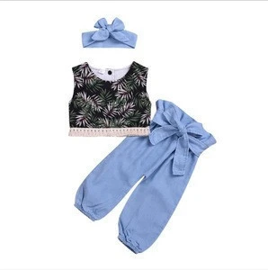 Hot Summer 3pcs/set Girls Clothes Wave Point Bow Vest + Lantern Jeans + Hair Band Little Girl Clothes Set