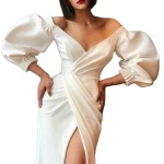 KEN-57492 women black party draped dress white off shoulder low cut high slit long cocktail dress