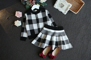 Kids Outwear Matching Outfit Autumn Children&#039;s Plaid New Year Outfit Cardigan Coat and Skirt Babi Girl