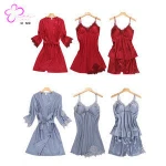 ladies summer ice silk pyjamas with suspenders, shorts, bra pads,  halter skirt, nightgown, four piece home wear set