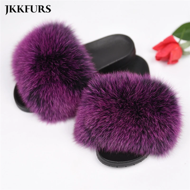 Ladies Summer Outdoor 100% Real Fox Fur Sandals Pink Fur Slides Big Fluffy Fur Slippers