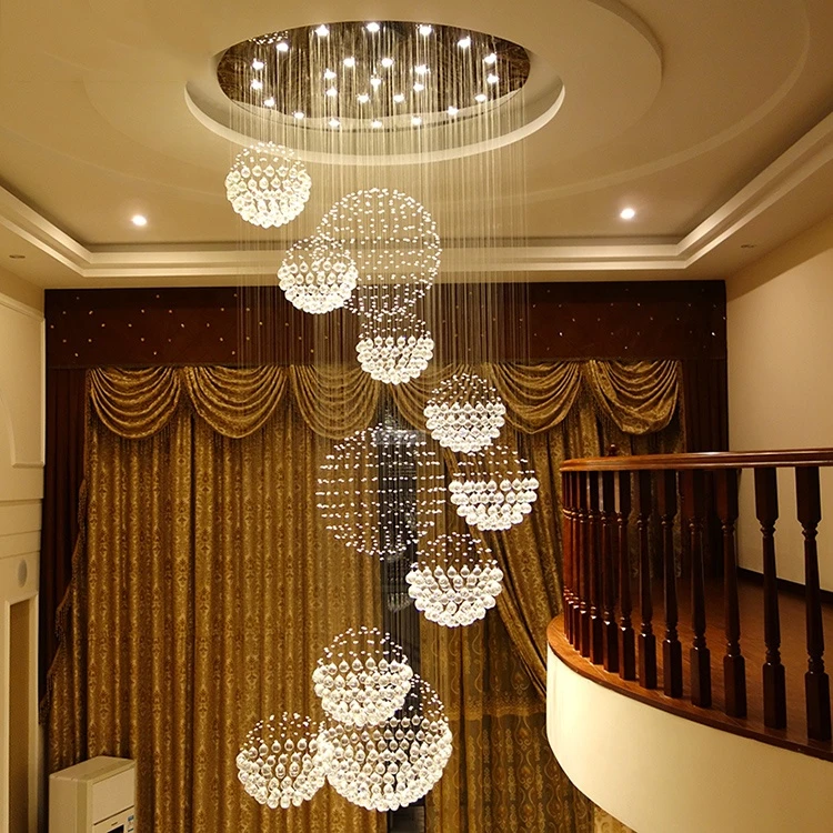 Large Ceiling Hanging Suspension Fixtures Staircase Light Hall Villa Pendant Light Customized LED Crystal Chandelier Light