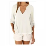 Long Sleeve Casual Spliced Breathable V-neck Loose Large Chiffon   Women's Shirt  in 11 Color 8 Size