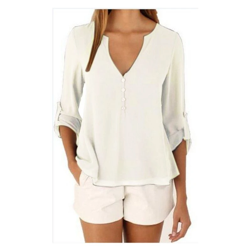 Long Sleeve Casual Spliced Breathable V-neck Loose Large Chiffon   Women&#x27;s Shirt  in 11 Color 8 Size