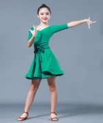 Lotus Leaf Green Ice Silk Stretch Sleeve/Sleeveless Childrens Latin Dance Skirt, Practice Show Dance Skirt.